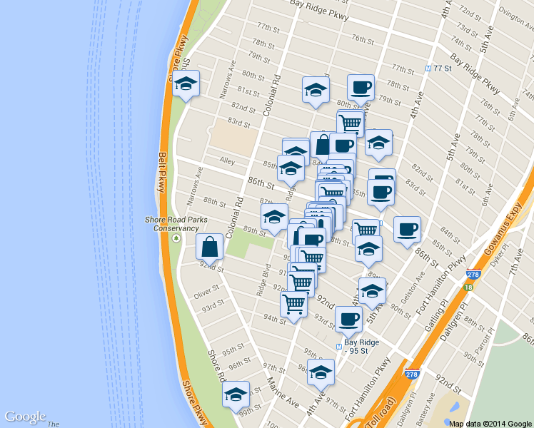 map of restaurants, bars, coffee shops, grocery stores, and more near 137 88th Street in Brooklyn