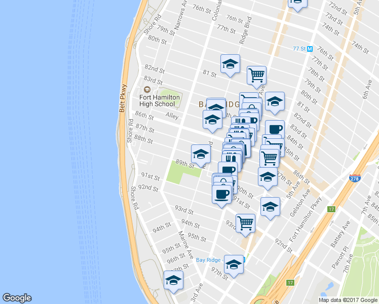 map of restaurants, bars, coffee shops, grocery stores, and more near 137 88th Street in Brooklyn