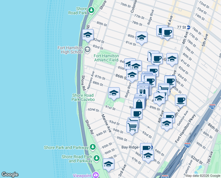 map of restaurants, bars, coffee shops, grocery stores, and more near 8811 Colonial Road in Brooklyn