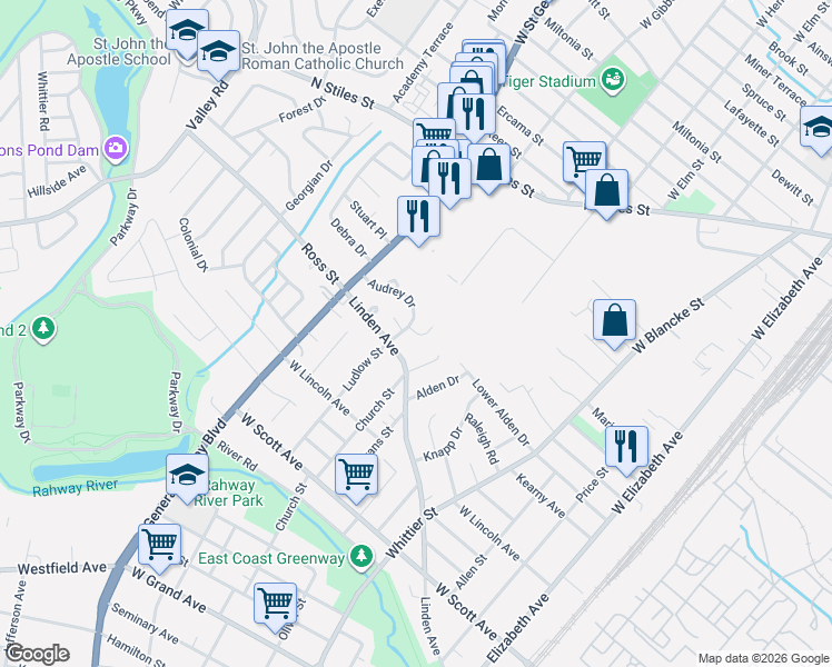 map of restaurants, bars, coffee shops, grocery stores, and more near 662 Cora Place in Rahway
