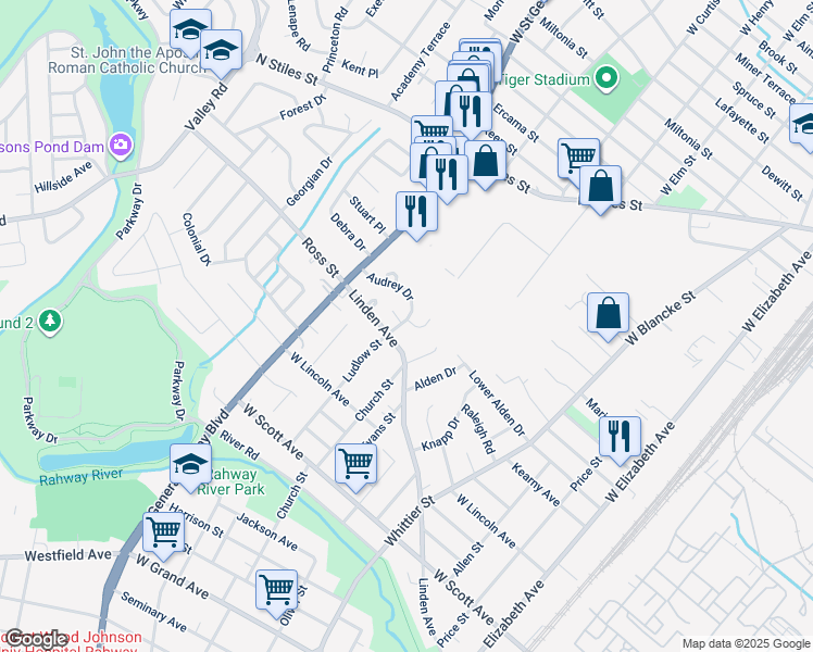 map of restaurants, bars, coffee shops, grocery stores, and more near 662 Cora Place in Rahway