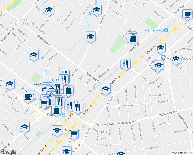 map of restaurants, bars, coffee shops, grocery stores, and more near 317 Richmond Street in Plainfield