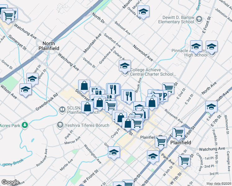 map of restaurants, bars, coffee shops, grocery stores, and more near 61 Manning Avenue in North Plainfield