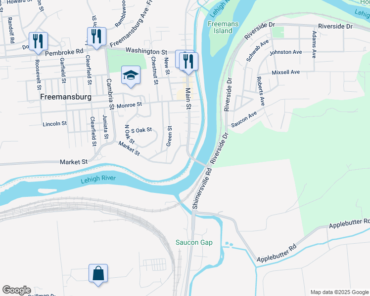 map of restaurants, bars, coffee shops, grocery stores, and more near 44 Market Street in Freemansburg