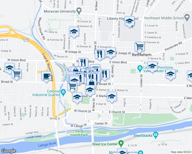 map of restaurants, bars, coffee shops, grocery stores, and more near 21 East Raspberry Street in Bethlehem