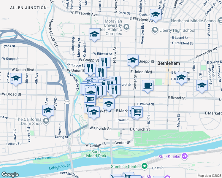map of restaurants, bars, coffee shops, grocery stores, and more near 28 West Raspberry Street in Bethlehem