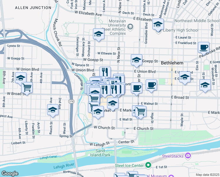 map of restaurants, bars, coffee shops, grocery stores, and more near 28 West Raspberry Street in Bethlehem