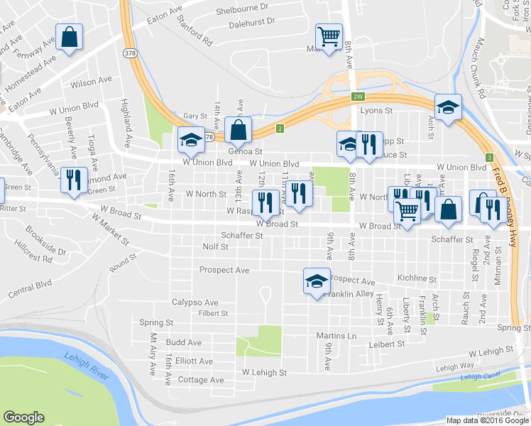 map of restaurants, bars, coffee shops, grocery stores, and more near 1302 West Broad Street in Bethlehem