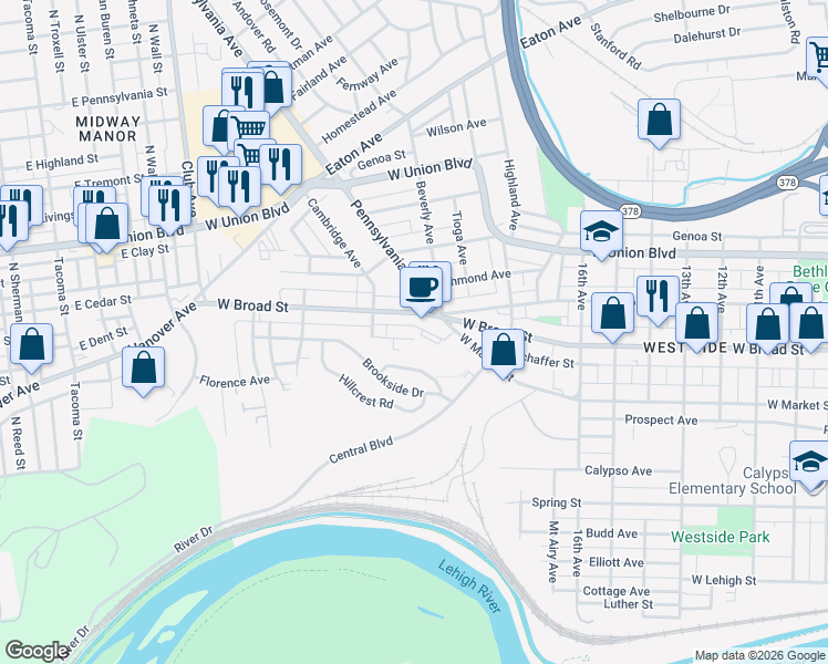 map of restaurants, bars, coffee shops, grocery stores, and more near 1908 Glendale Avenue in Bethlehem
