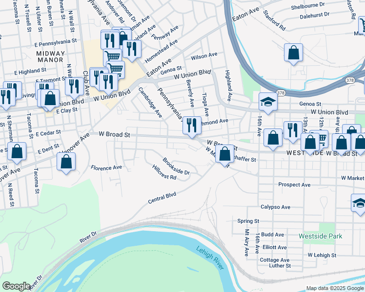 map of restaurants, bars, coffee shops, grocery stores, and more near 1914 Glendale Avenue in Bethlehem