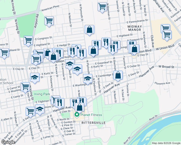 map of restaurants, bars, coffee shops, grocery stores, and more near 841 North Plymouth Street in Allentown