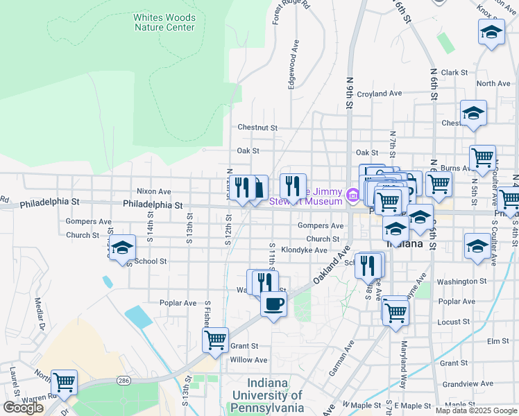 map of restaurants, bars, coffee shops, grocery stores, and more near 1106 Philadelphia Street in Indiana