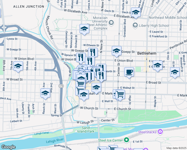 map of restaurants, bars, coffee shops, grocery stores, and more near 30 West Raspberry Street in Bethlehem