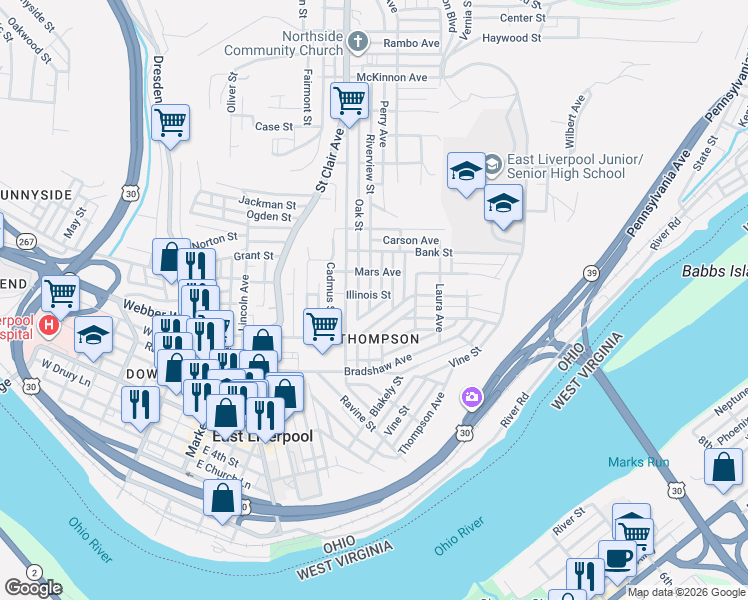 map of restaurants, bars, coffee shops, grocery stores, and more near 800 Illinois Street in East Liverpool