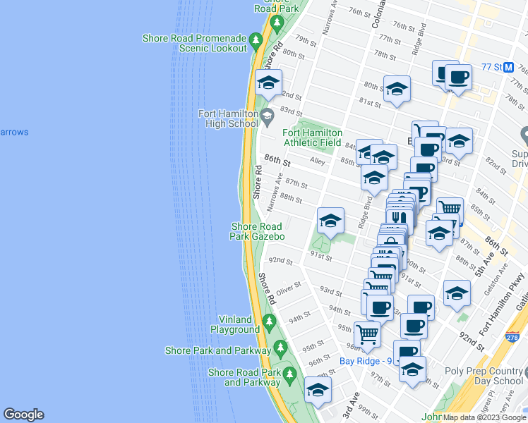 map of restaurants, bars, coffee shops, grocery stores, and more near 8901 Narrows Avenue in Brooklyn