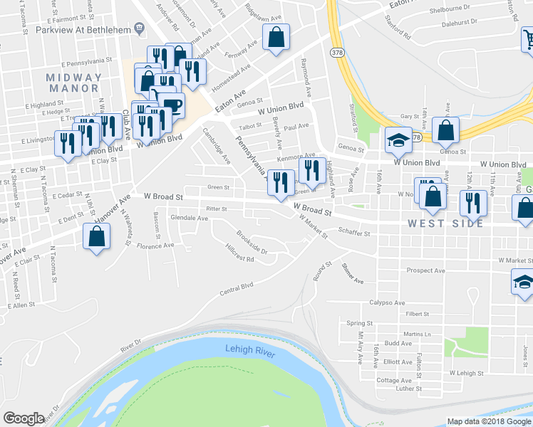map of restaurants, bars, coffee shops, grocery stores, and more near 1914 Glendale Avenue in Bethlehem