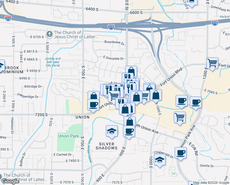map of restaurants, bars, coffee shops, grocery stores, and more near 841 East Newbold Circle in Midvale