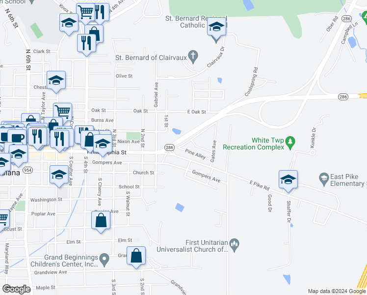 map of restaurants, bars, coffee shops, grocery stores, and more near 21 Clymer Road in Indiana