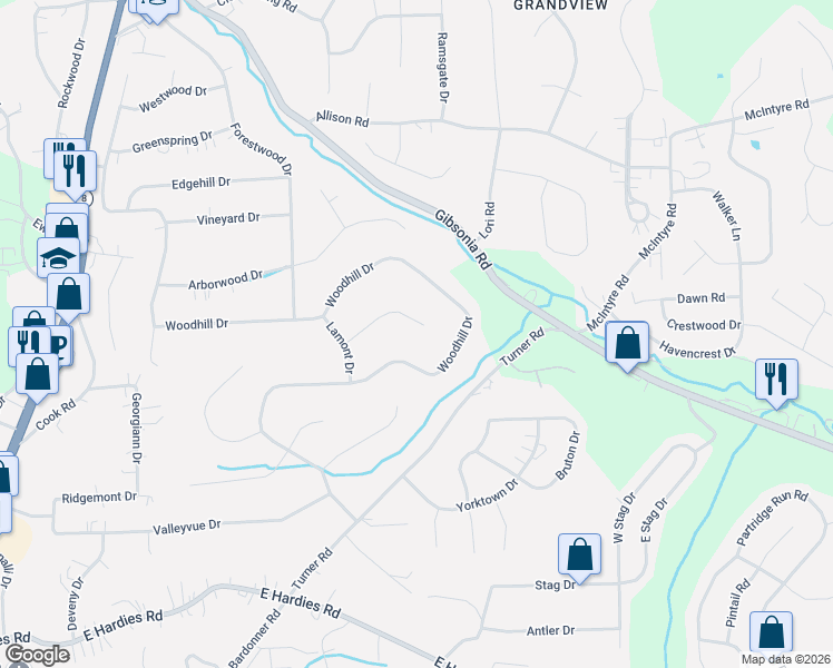 map of restaurants, bars, coffee shops, grocery stores, and more near 1601 Mountain View Drive in Gibsonia