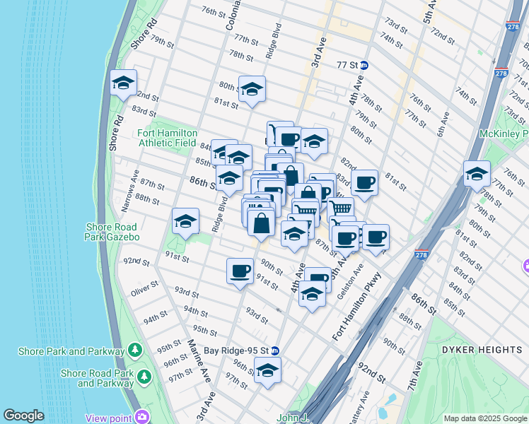 map of restaurants, bars, coffee shops, grocery stores, and more near 8614 3rd Avenue in Brooklyn