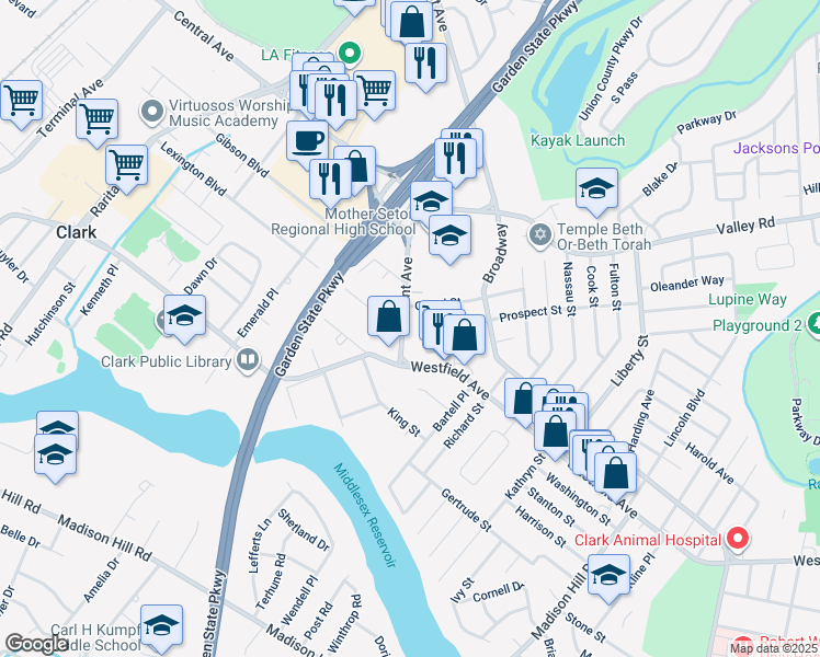map of restaurants, bars, coffee shops, grocery stores, and more near 24 Brant Avenue in Clark