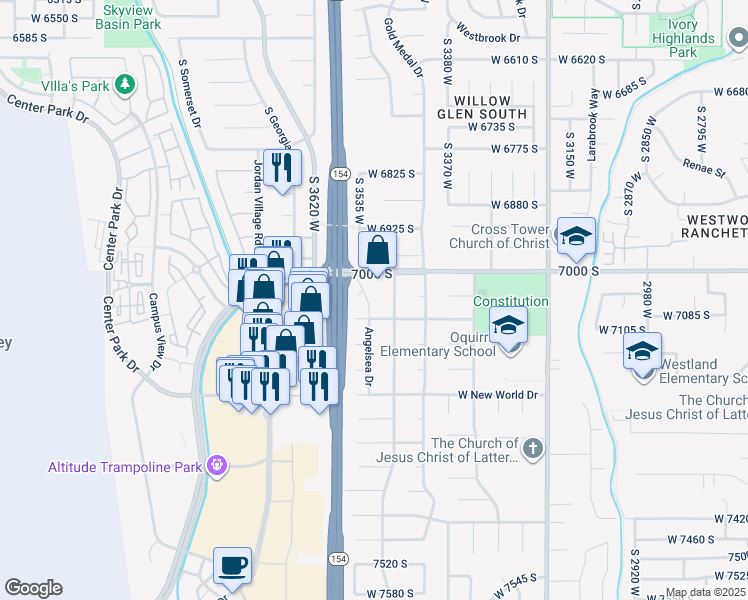 map of restaurants, bars, coffee shops, grocery stores, and more near 7055 South 3515 West in West Jordan