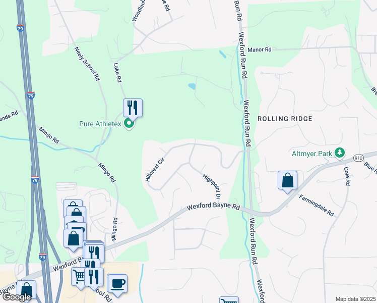 map of restaurants, bars, coffee shops, grocery stores, and more near 728 Highpoint Drive in Wexford