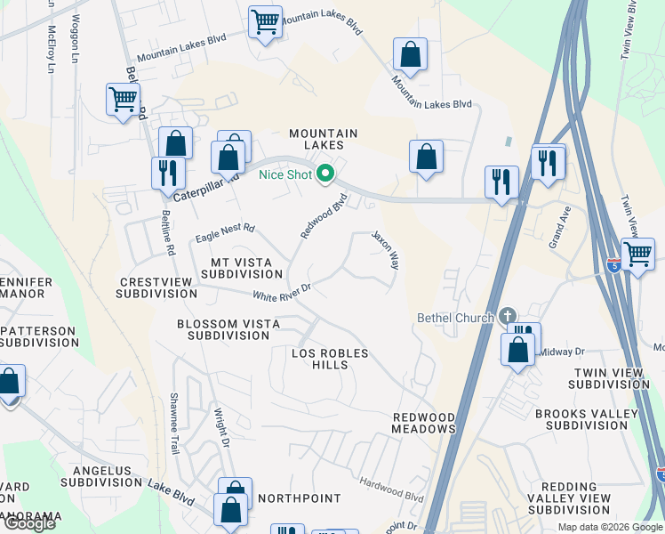 map of restaurants, bars, coffee shops, grocery stores, and more near 4680 White River Drive in Redding