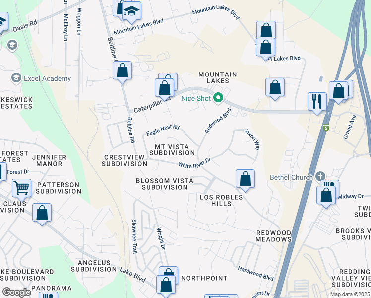 map of restaurants, bars, coffee shops, grocery stores, and more near 4518 Honeycomb Way in Redding