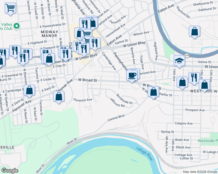 map of restaurants, bars, coffee shops, grocery stores, and more near 2036 Brookside Drive in Bethlehem