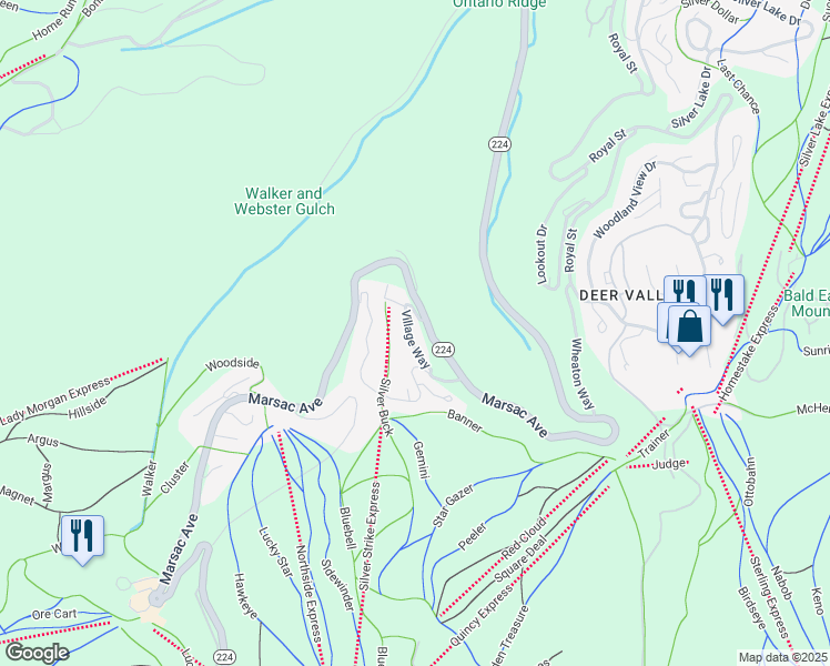 map of restaurants, bars, coffee shops, grocery stores, and more near 7714 Village Way in Park City