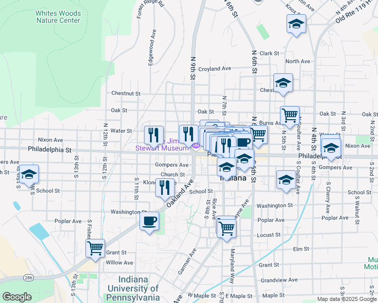map of restaurants, bars, coffee shops, grocery stores, and more near 905 Philadelphia Street in Indiana