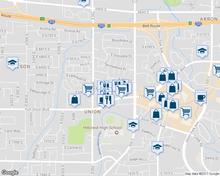 map of restaurants, bars, coffee shops, grocery stores, and more near 775 East Gables Lane in Midvale