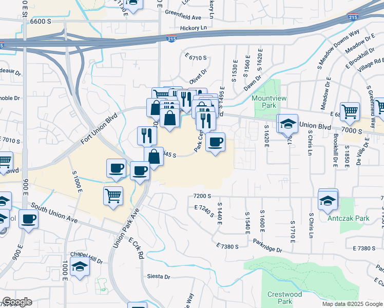 map of restaurants, bars, coffee shops, grocery stores, and more near 1340 Park Centre Drive in Cottonwood Heights