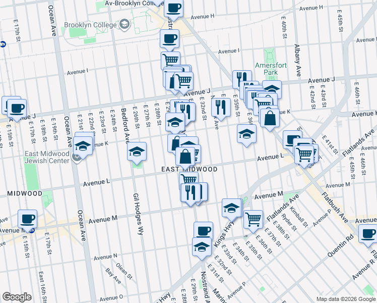 map of restaurants, bars, coffee shops, grocery stores, and more near 1156 East 31st Street in Brooklyn