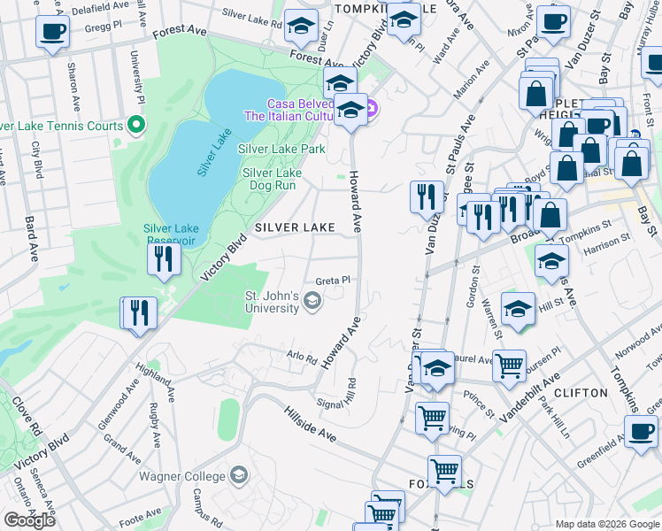 map of restaurants, bars, coffee shops, grocery stores, and more near 30 Grymes Hill Road in Staten Island