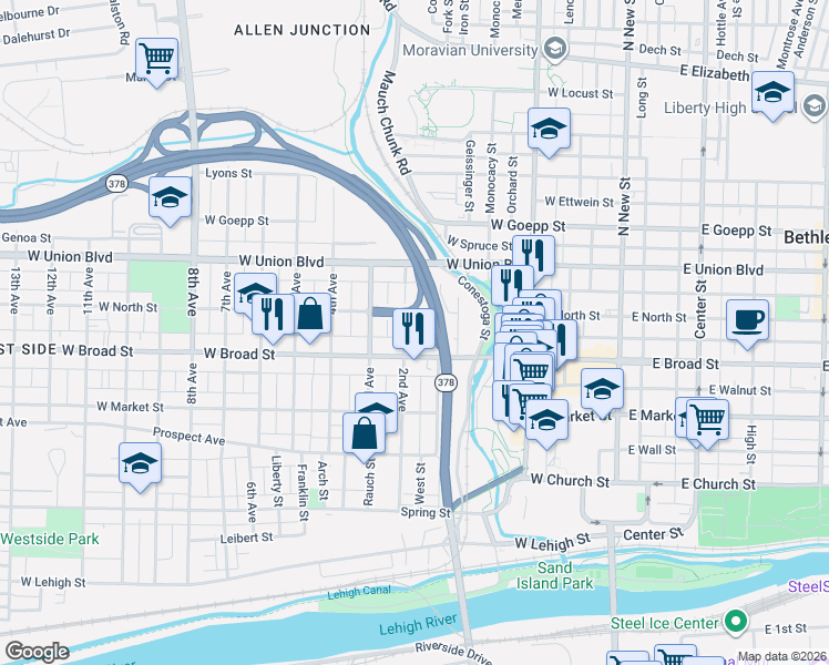 map of restaurants, bars, coffee shops, grocery stores, and more near in Bethlehem