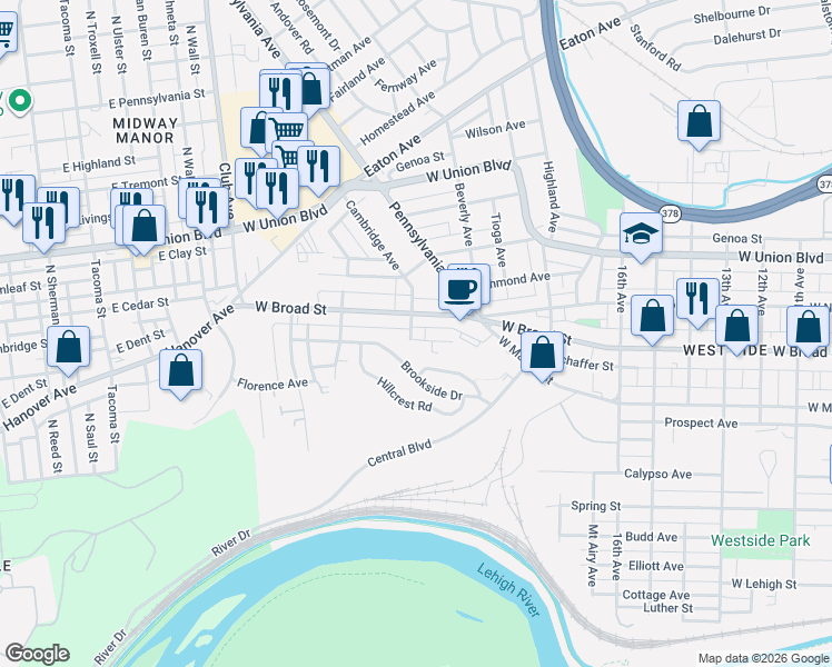 map of restaurants, bars, coffee shops, grocery stores, and more near 1968 Glendale Avenue in Bethlehem