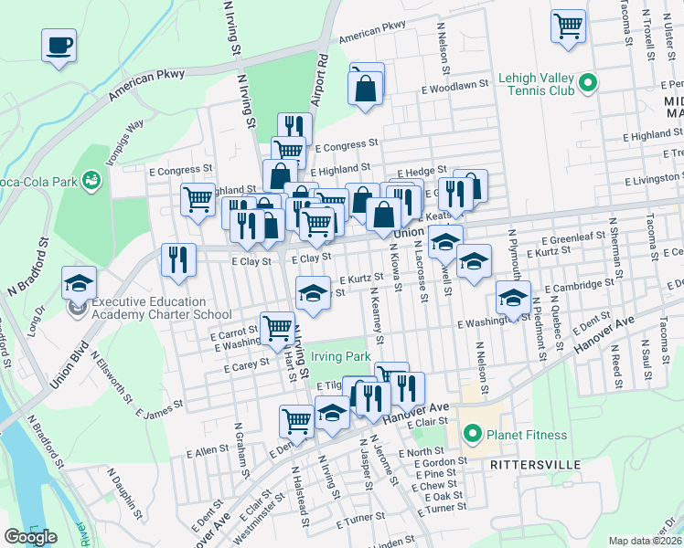 map of restaurants, bars, coffee shops, grocery stores, and more near 857 North Jasper Street in Allentown