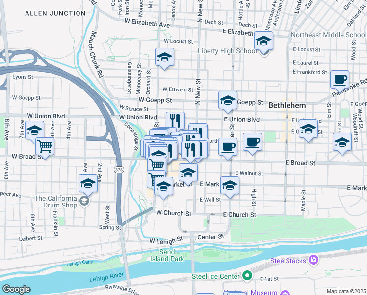 map of restaurants, bars, coffee shops, grocery stores, and more near 28 West Raspberry Street in Bethlehem