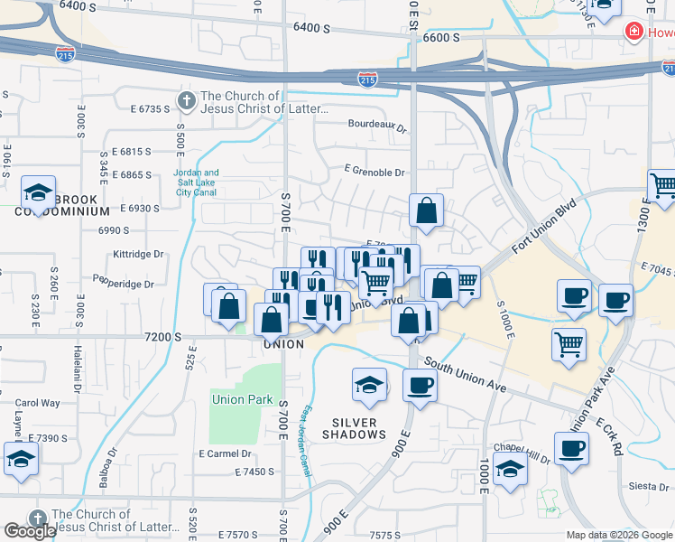 map of restaurants, bars, coffee shops, grocery stores, and more near 775 East Gables Lane in Midvale