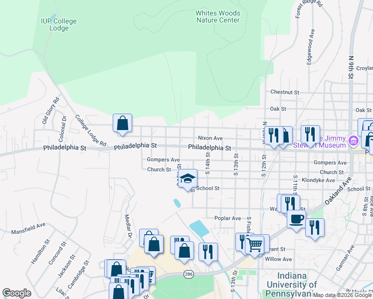 map of restaurants, bars, coffee shops, grocery stores, and more near 1466 Philadelphia Street in Indiana