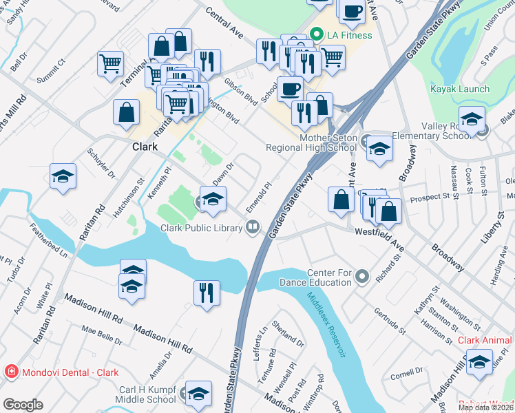 map of restaurants, bars, coffee shops, grocery stores, and more near 24 Emerald Pl in Clark