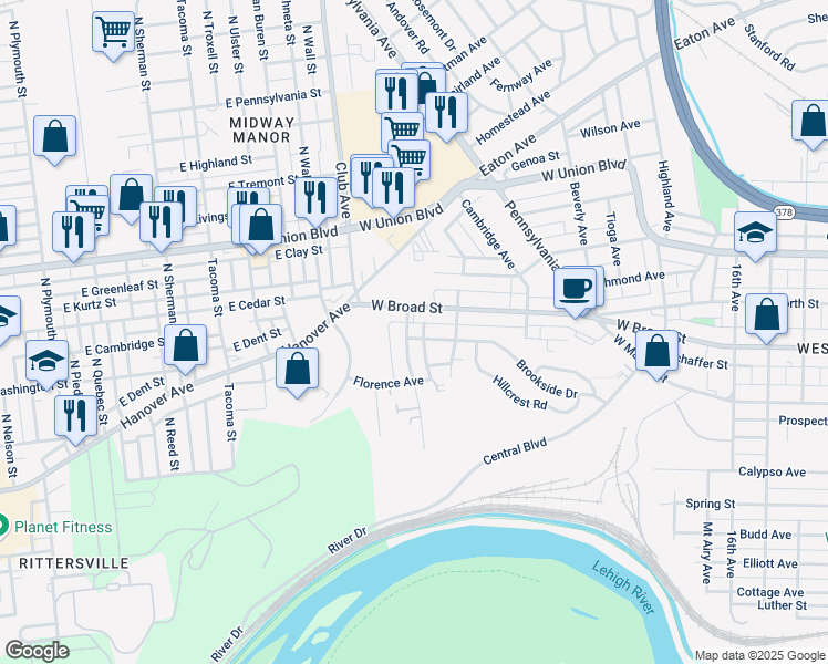 map of restaurants, bars, coffee shops, grocery stores, and more near 506 Grandview Boulevard in Bethlehem