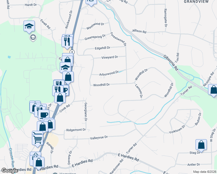 map of restaurants, bars, coffee shops, grocery stores, and more near 1024 Woodhill Drive in Gibsonia