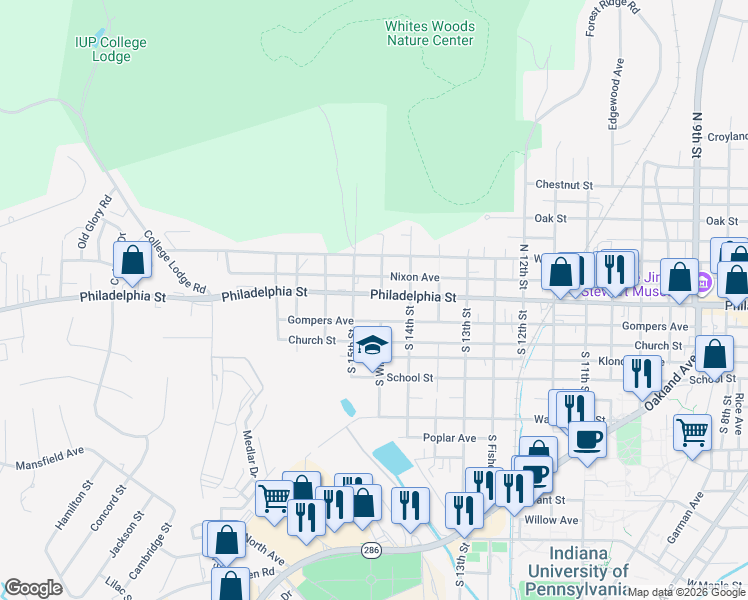 map of restaurants, bars, coffee shops, grocery stores, and more near 1466 Philadelphia Street in Indiana