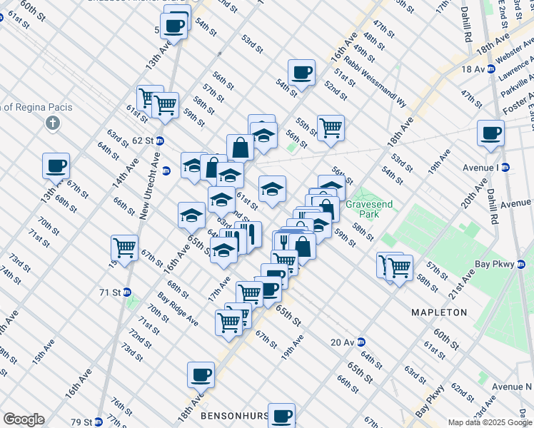 map of restaurants, bars, coffee shops, grocery stores, and more near 1695A 61st Street in Brooklyn