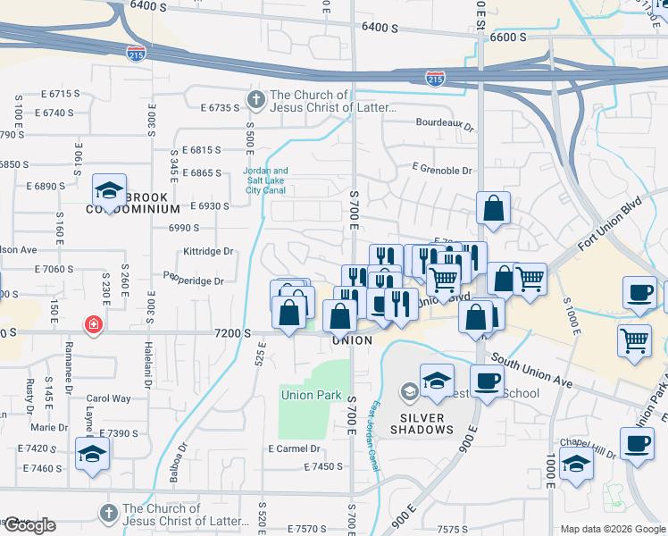 map of restaurants, bars, coffee shops, grocery stores, and more near 662 Downing Street in Midvale