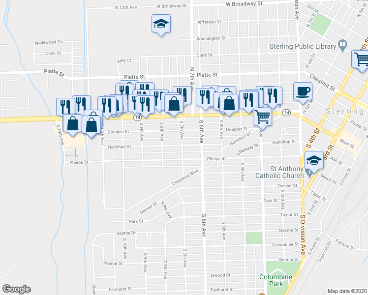 map of restaurants, bars, coffee shops, grocery stores, and more near 631 Hamilton Street in Sterling