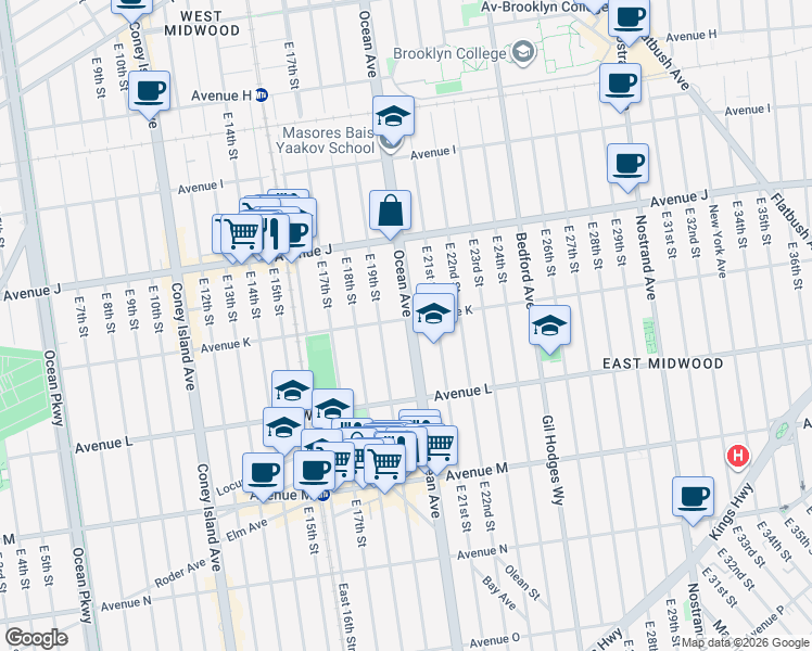 map of restaurants, bars, coffee shops, grocery stores, and more near 1590 Ocean Avenue in Brooklyn